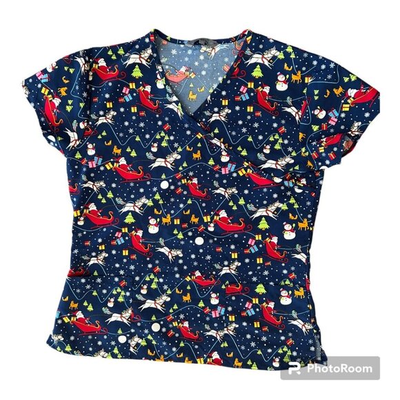 Serene Women's Christmas Santa Holiday Print Scrub Top Women's Size Medium in pr - Picture 2 of 9
